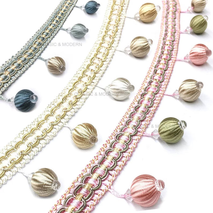 7 COLORS / GISELLE 2" Pink Blue Boho Pompom ball Beaded Tassel Fringe Trim / By The Yard